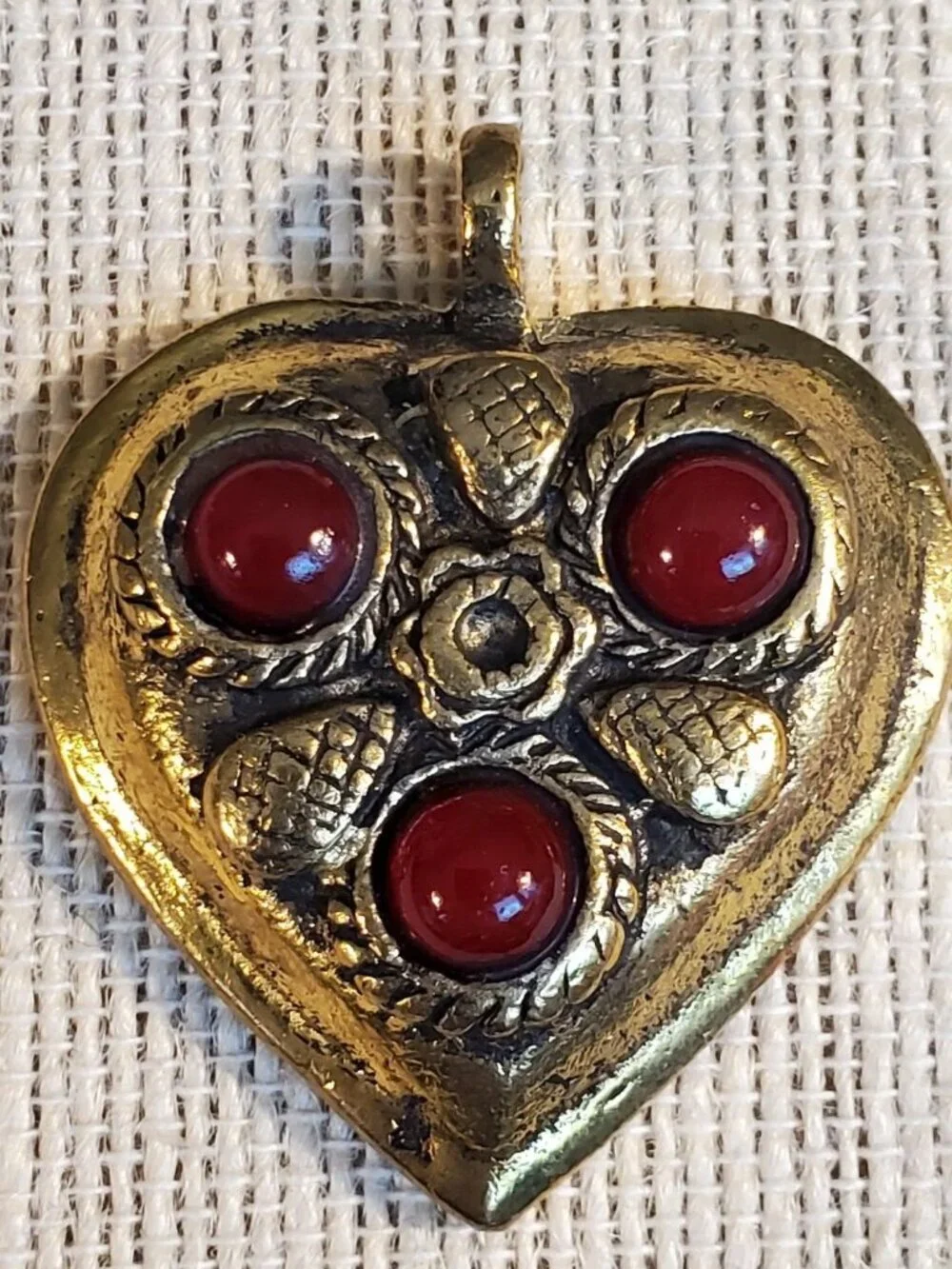 India Tribal Carved Heart Red Glass Cabs Antique Gold Aluminum Metal Pendant